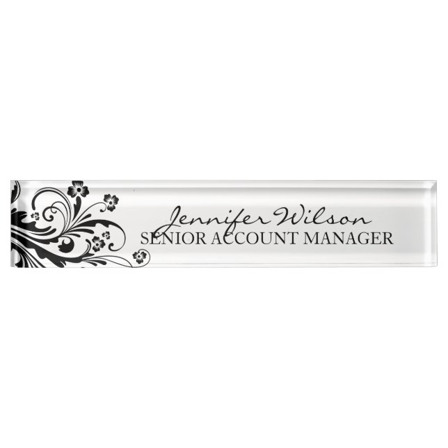 Black and White Floral Chic Nameplate (Front)