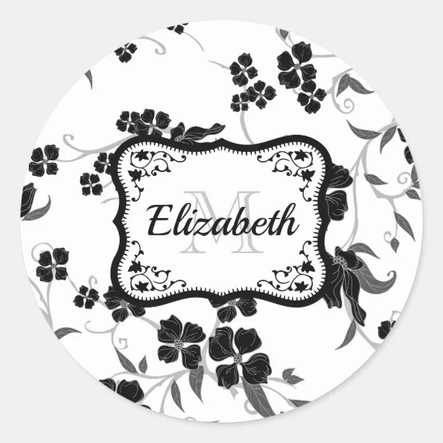 Black and White Floral Classic Round Sticker | Zazzle