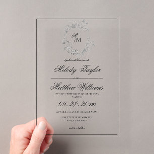 Black and White Floral Crest Calligraphy Wedding Acrylic Invitations