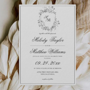 Black and White Floral Crest Calligraphy Wedding Invitation