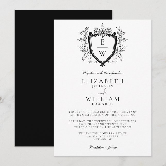 Black And White Floral Crest Monogram Wedding Invitation (Front/Back)