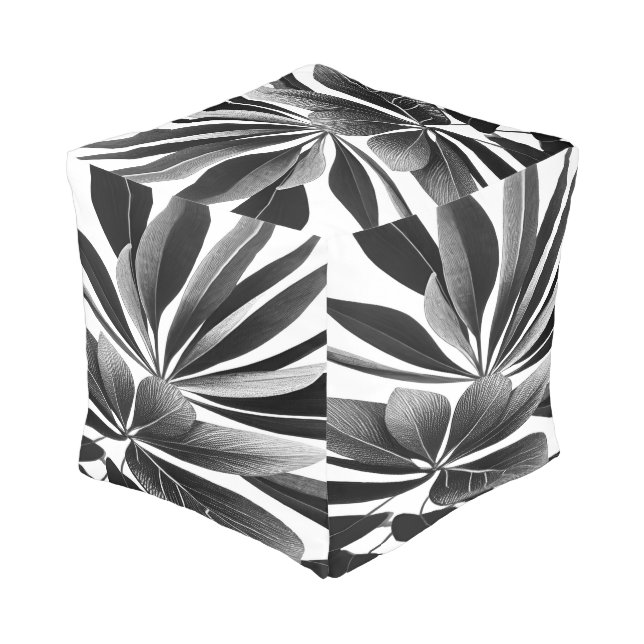 Black and White Floral Cube Pouf (Angled Back)