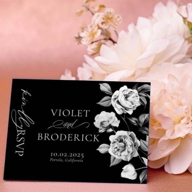 Black and White Floral Customizable RSVP Postcard (Creator Uploaded)