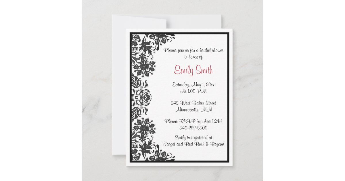 Black and White Floral Damask Bridal Shower Invitation | Zazzle
