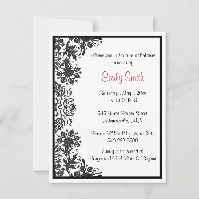 Black and White Floral Damask Bridal Shower Invitation (Front)