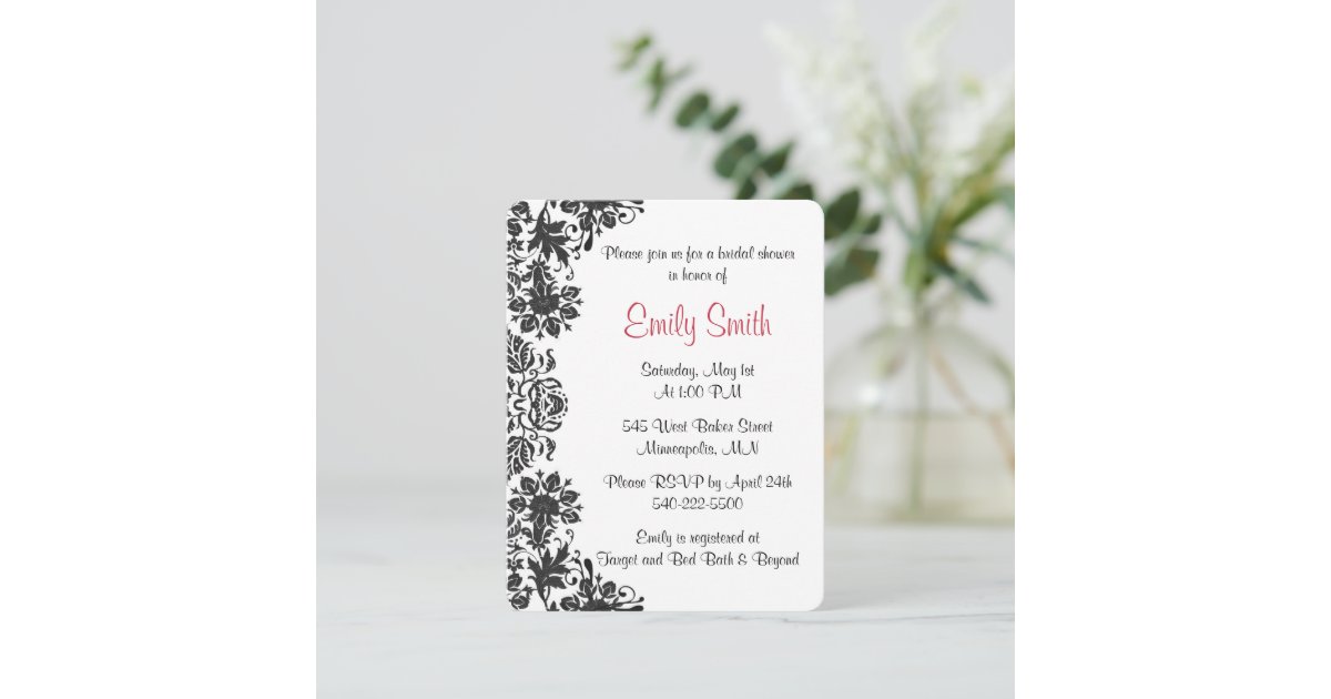 Black and White Floral Damask Bridal Shower Invitation | Zazzle