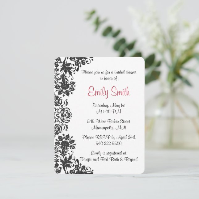 Black and White Floral Damask Bridal Shower Invitation (Standing Front)