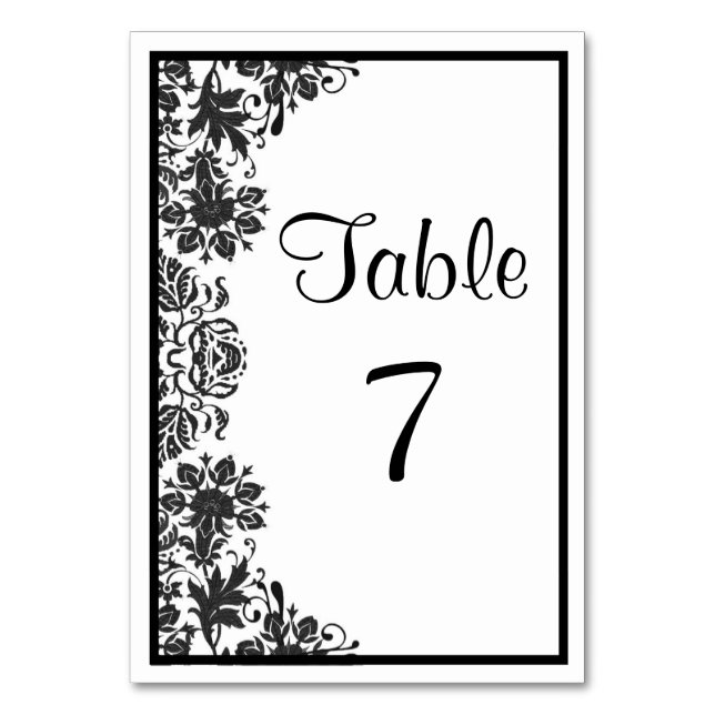 Black and White Floral Damask | Custom Wedding Table Number (Front)