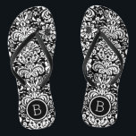 Black and White Floral Damask Monogram Flip Flops<br><div class="desc">Custom printed flip flop sandals with a stylish elegant floral damask pattern and your custom monogram or other text in a circle frame. Click Customize It to change text fonts and colors or add your own images to create a unique one of a kind design!</div>