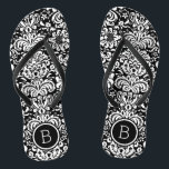Black and White Floral Damask Monogram Flip Flops<br><div class="desc">Custom printed flip flop sandals with a stylish elegant floral damask pattern and your custom monogram or other text in a circle frame. Click Customize It to change text fonts and colors or add your own images to create a unique one of a kind design!</div>