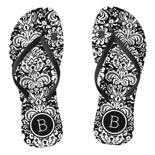 Black and White Floral Damask Monogram Flip Flops