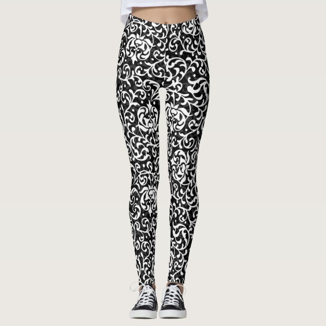 Black and White Floral Damask Pattern Leggings (Front)