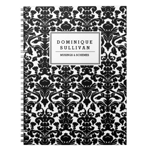 Black and White Floral Damask Pattern Personalized Notebook (Front)