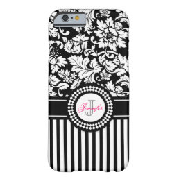 Black And White Floral Damask &amp; Stripes-Monogram Barely There iPhone 6 Case