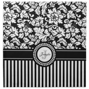 Black And White Floral Damask & Stripes-Monogram Napkin