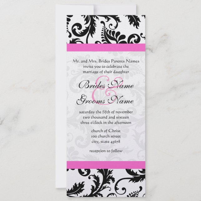 Black and White Floral Damask Swirls Wedding  Invitation (Front)