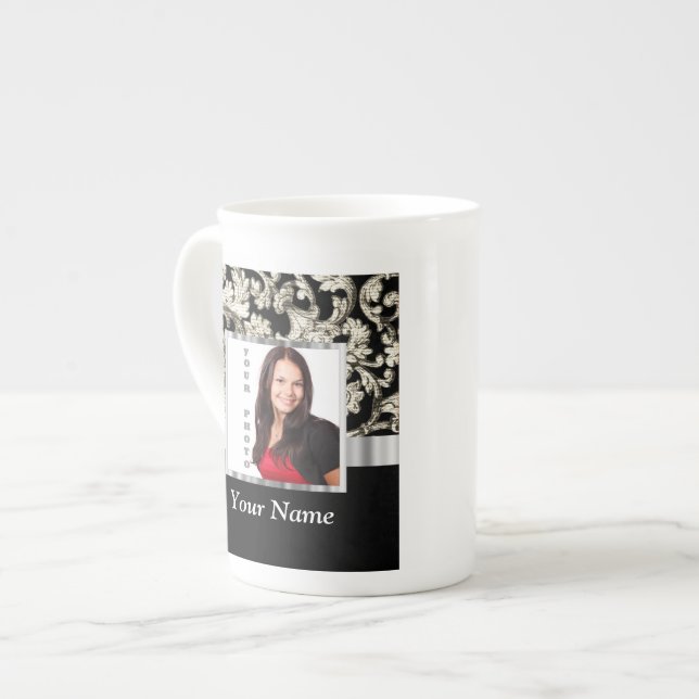 Black and white floral damask template bone china mug (Front Left)