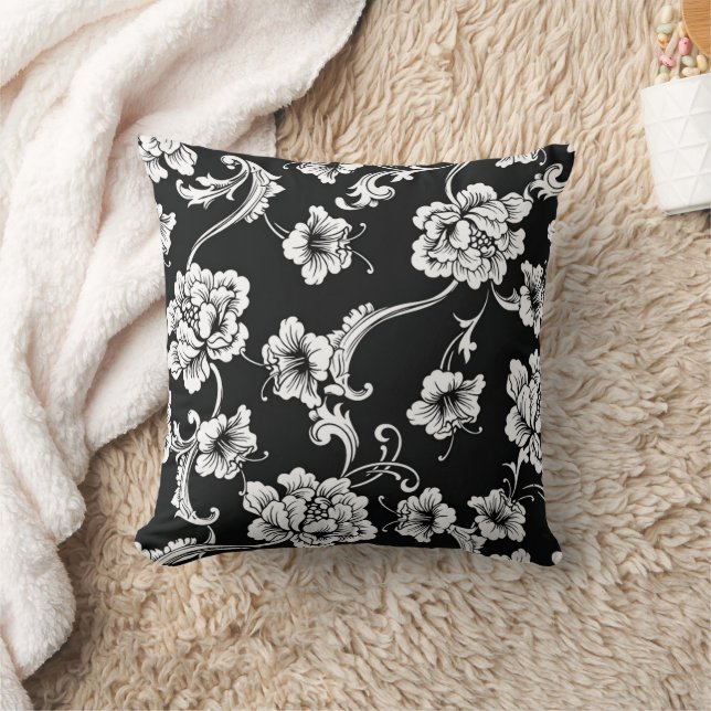 Black and White Floral Damask Throw Pillow (Blanket)