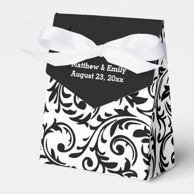 Black and White Floral Damask Wedding Favor Boxes (Front Side)
