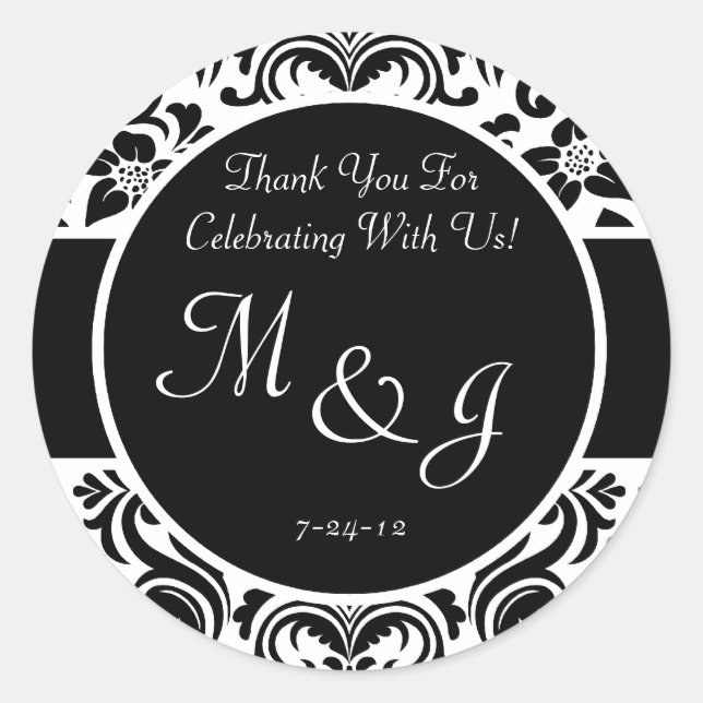Black and White Floral Damask Wedding Favor Labels (Front)