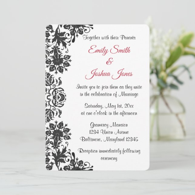 Black and White Floral Damask Wedding Invitation (Standing Front)