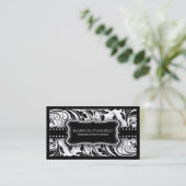Black and White Floral Damask Wedding Planner Business Card (Standing Front)