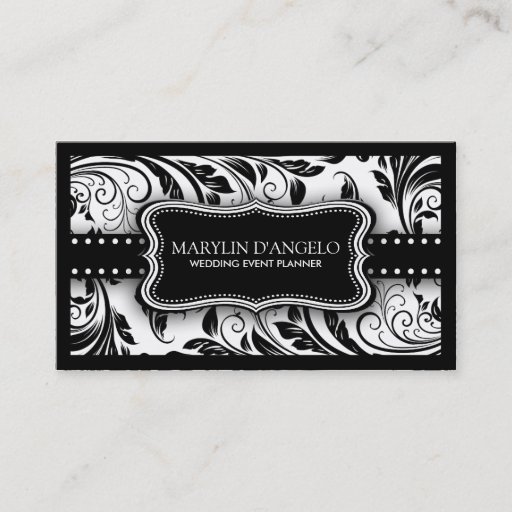 Customizable Black and White Floral Damask Wedding Planner Business Card Templates