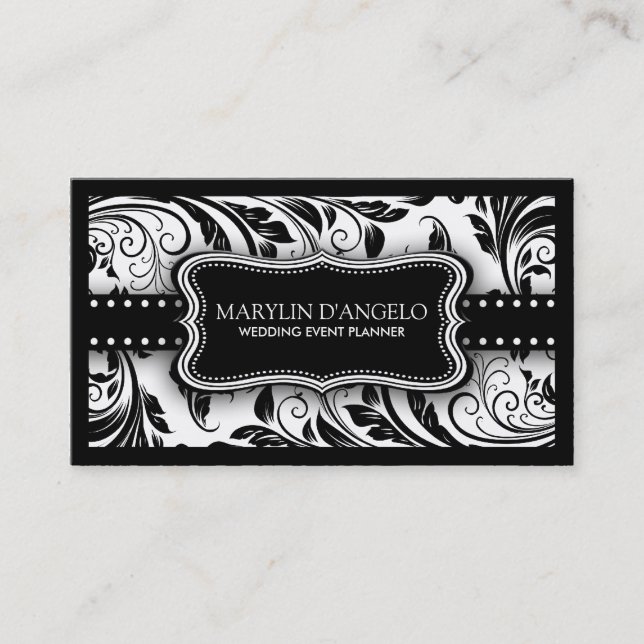 Black and White Floral Damask Wedding Planner Business Card (Front)