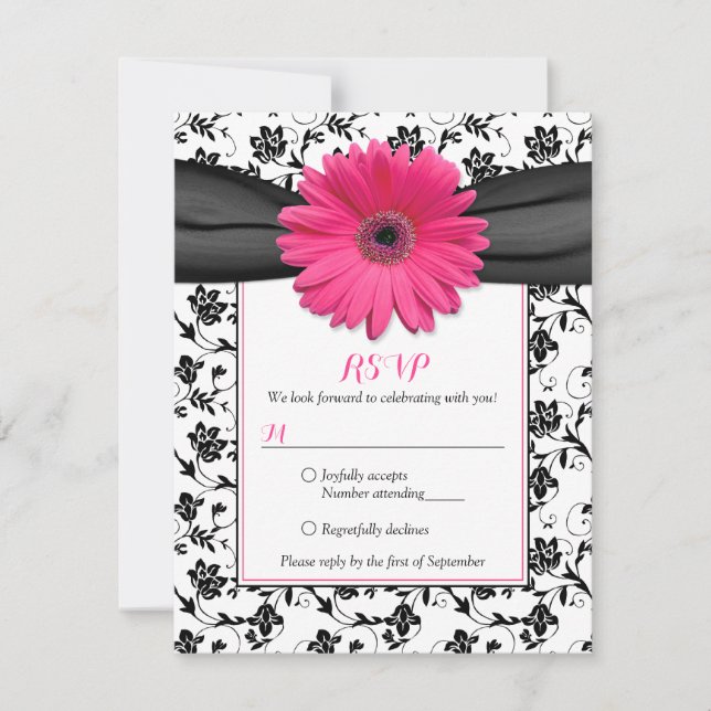 Black and White Floral Damask Wedding Reply Card (Front)