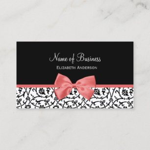 Black and White Floral Damask With Pink Bow Business Card