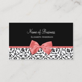 Black And White Floral  Damask With Pink Bow Business Card by GirlyBusinessCards at Zazzle
