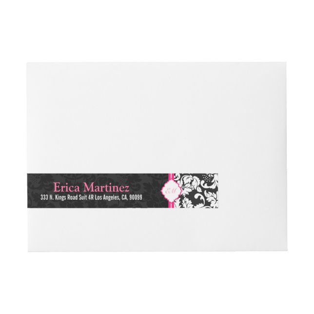 Black And White Floral Damask Wrap Around Address Label (Front)