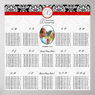 Black and White Floral DamaskRed Trim Photo Poster