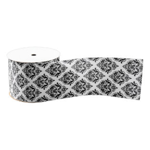 Black And White Floral Damasks Geometric Pattern Grosgrain Ribbon