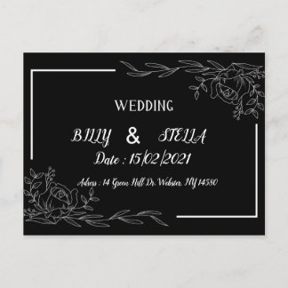 Black and white floral design for wedding announcement postcard