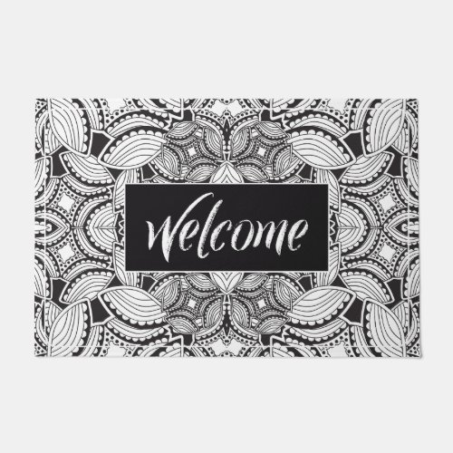 Black and White Floral Design Outdoor Rug