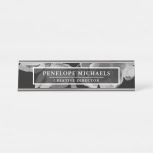 Black and White Floral Desk Name Plate
