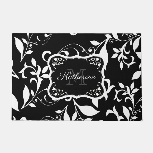 Black and White Floral Doormat (Front)