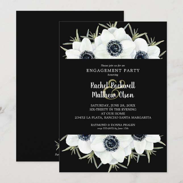 Black and White Floral Engagement Party Invitation (Front/Back)