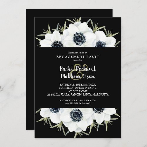 Black and White Floral Engagement Party Invitation