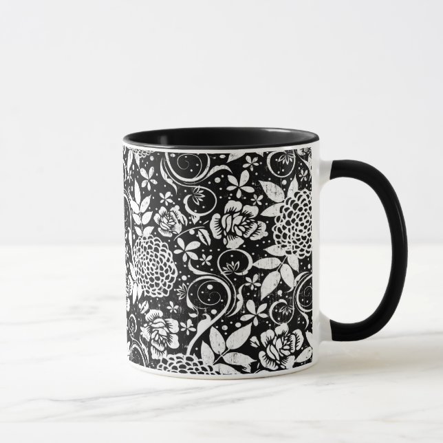 Black and White Floral Flowers Classic Mug (Right)