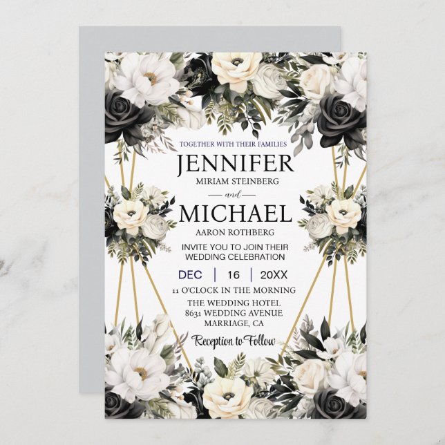 Black and White Floral Flowers Wedding Invitations (Front/Back)