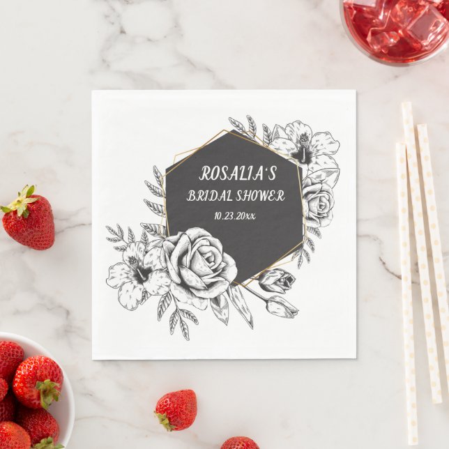 Black And White Floral Frame Bridal Shower Napkins (Insitu)