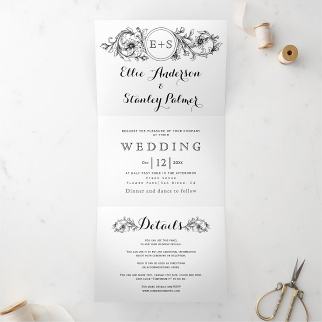 Black and white floral frame with initials wedding Tri-Fold invitation (Inside)
