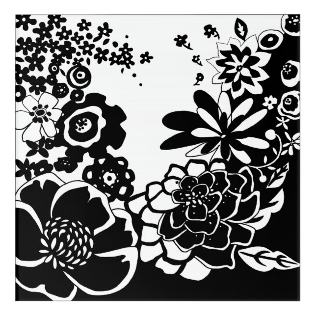 Black and White Floral Garden Graphic Pattern Acrylic Print (Front)