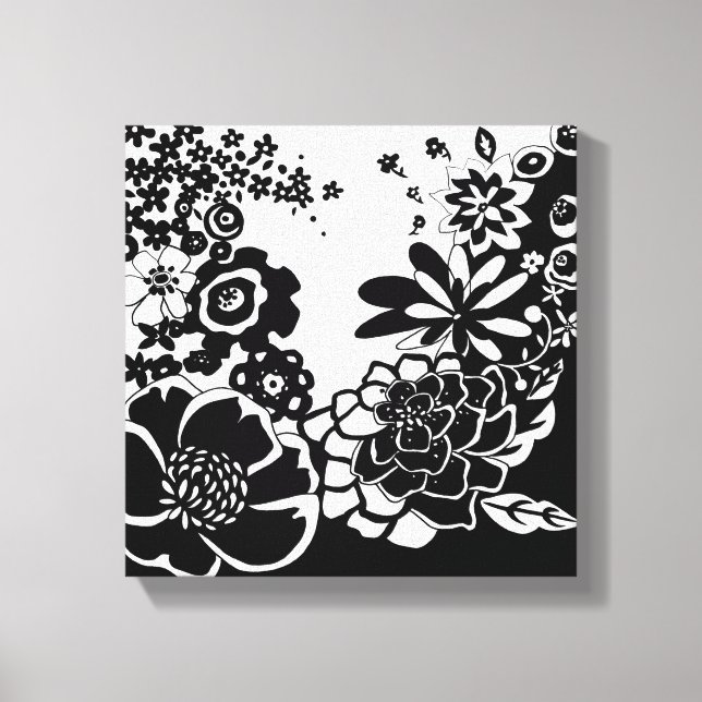 Black and White Floral Garden Graphic Pattern Canvas Print (Front)