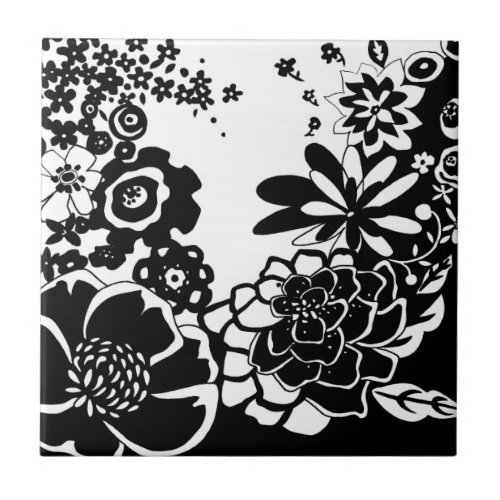 Black and White Floral Garden Graphic Pattern Ceramic Tile