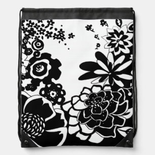 Black and White Floral Garden Graphic Pattern Drawstring Bag