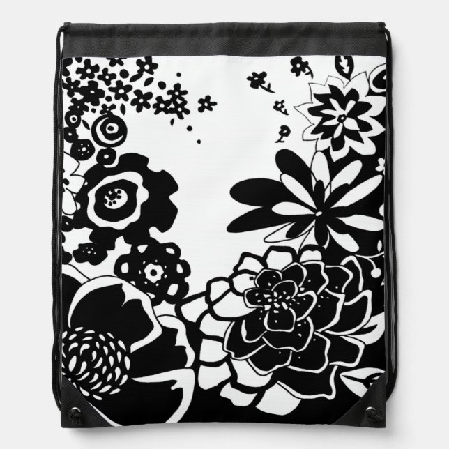 Black and White Floral Garden Graphic Pattern Drawstring Bag (Front)