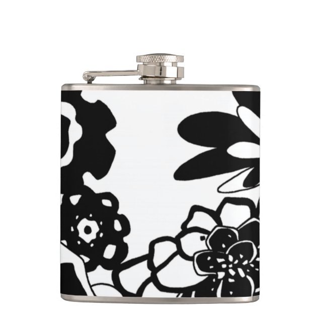 Black and White Floral Garden Graphic Pattern Flask (Front)